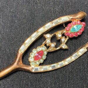 Vintage Good Luck Wishbone Brooch Pin with Rhinestones